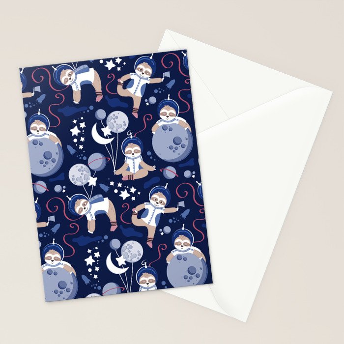 Best Space To Be // navy blue background indigo moons and cute astronauts sloths Stationery Card Gallery Image 2