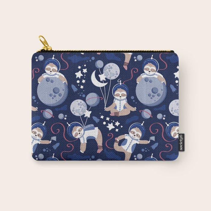 Best Space To Be // navy blue background indigo moons and cute astronauts sloths Carry All Pouch Gallery Image 1