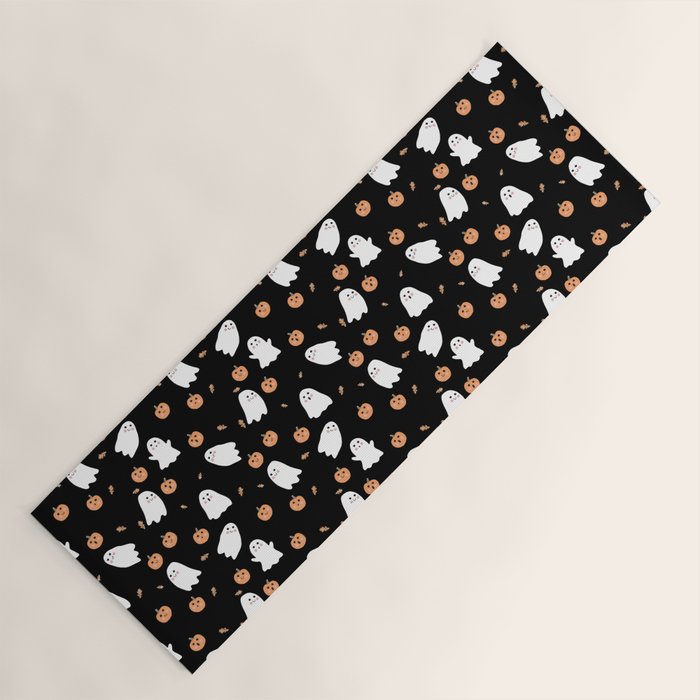 Cute Ghost Pumpkin Black Halloween Yoga Mat Gallery Image 1