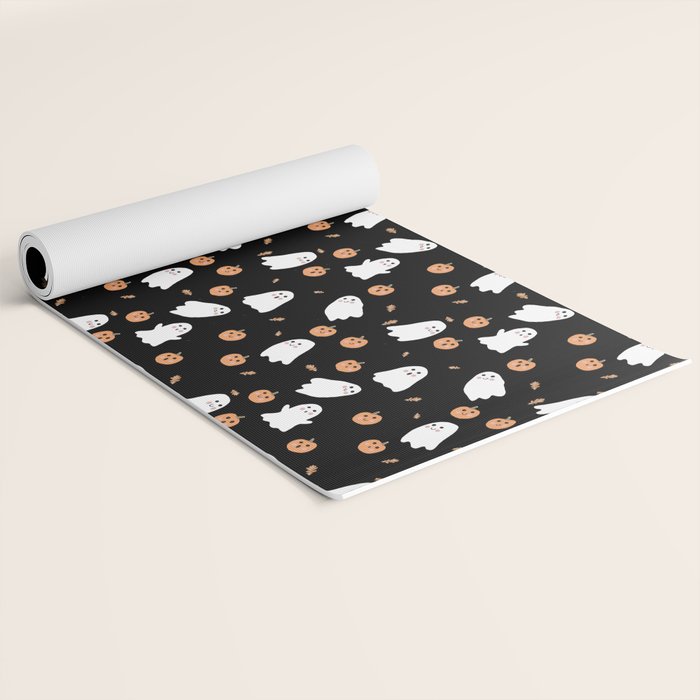 Cute Ghost Pumpkin Black Halloween Yoga Mat Gallery Image 2