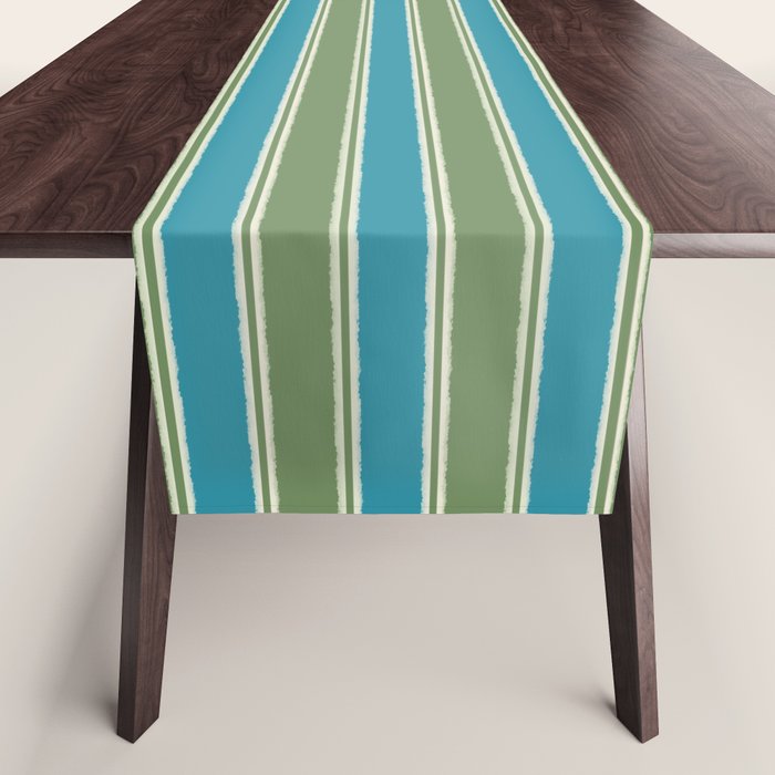Cottage Stripes Eclectic Vertical Pattern in Green and Blue Table Runner Gallery Image 1