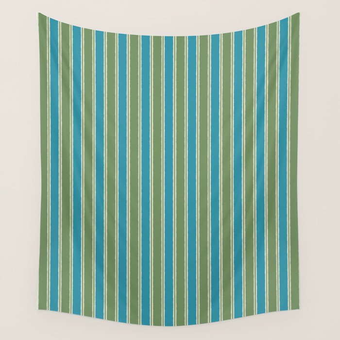Cottage Stripes Eclectic Vertical Pattern in Green and Blue Wall Tapestry Gallery Image 1