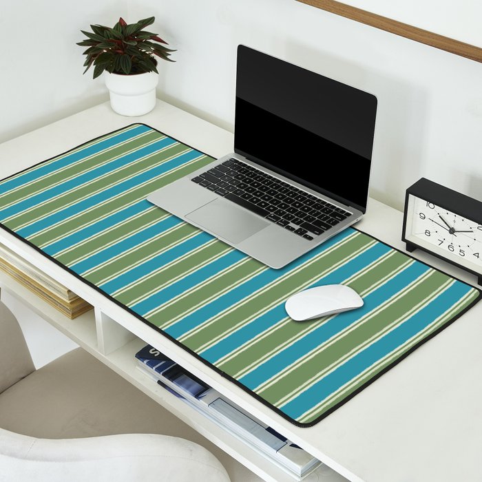 Cottage Stripes Eclectic Vertical Pattern in Green and Blue Desk Mat Gallery Image 2