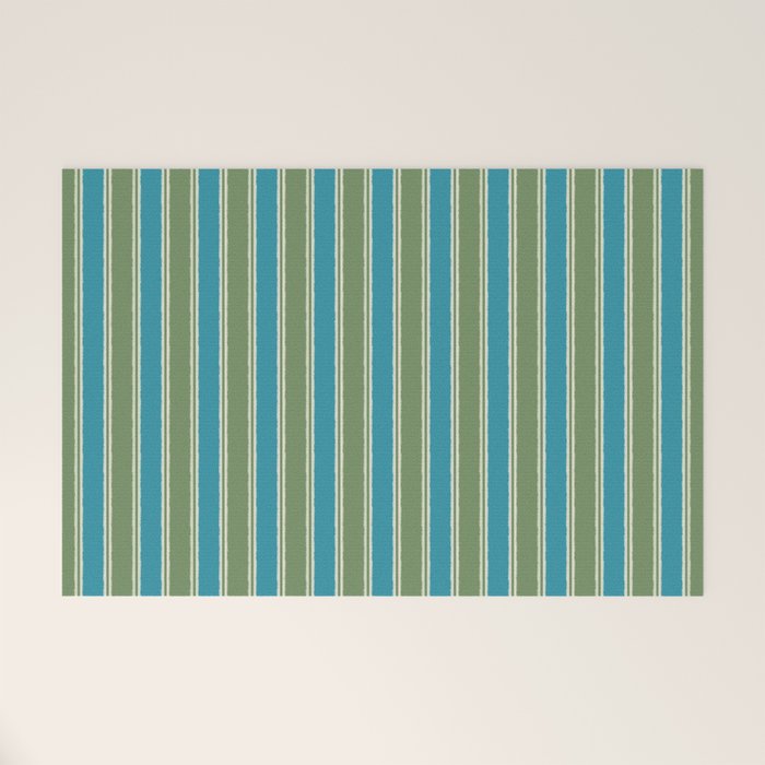 Cottage Stripes Eclectic Vertical Pattern in Green and Blue Welcome Mat Gallery Image 1