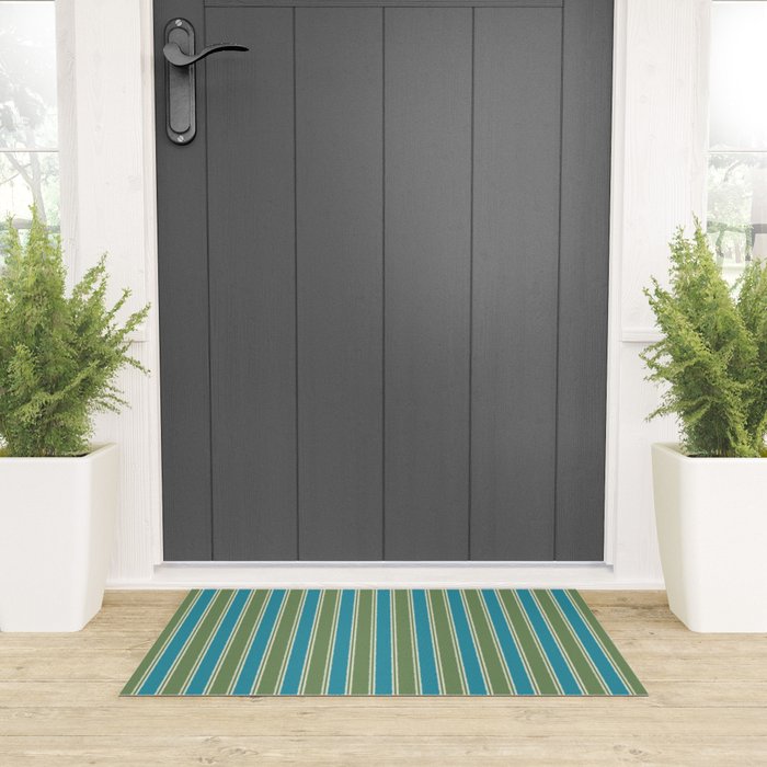 Cottage Stripes Eclectic Vertical Pattern in Green and Blue Welcome Mat Gallery Image 3