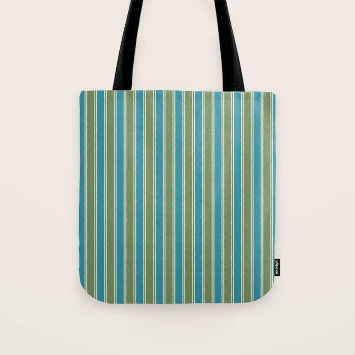 Cottage Stripes Eclectic Vertical Pattern in Green and Blue Tote Bag Gallery Image 1