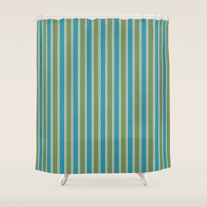 Cottage Stripes Eclectic Vertical Pattern in Green and Blue Shower Curtain Gallery Image 1
