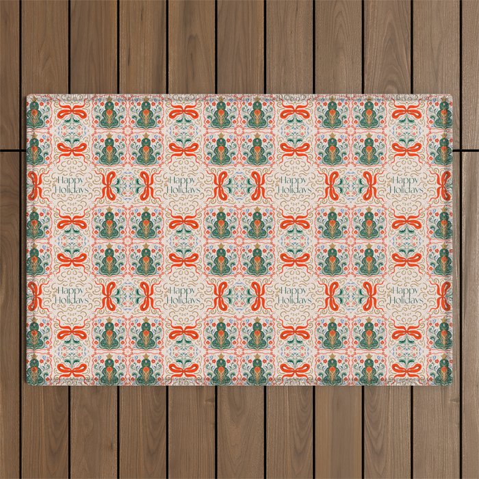 Folk inspired Festive Holiday Bows  and Christmas Tree  Outdoor Rug Gallery Image 1