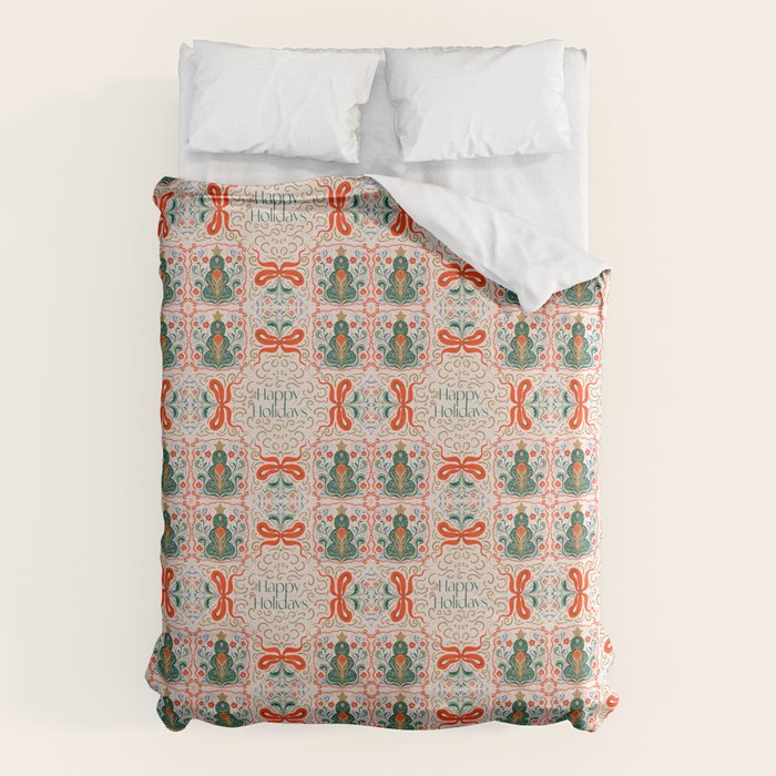 Folk inspired Festive Holiday Bows  and Christmas Tree  Duvet Cover Gallery Image 6