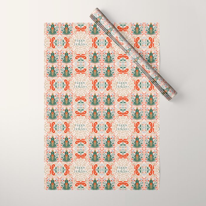 Folk inspired Festive Holiday Bows  and Christmas Tree  Wrapping Paper Gallery Image 1
