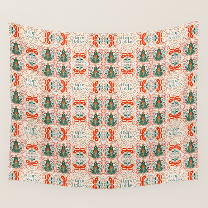 Folk inspired Festive Holiday Bows  and Christmas Tree  Wall Tapestry Gallery Image 4