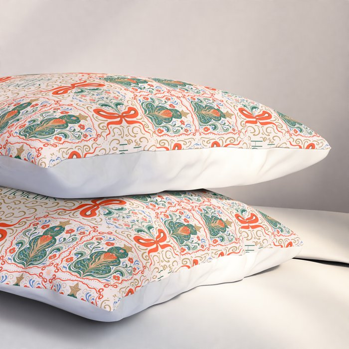 Folk inspired Festive Holiday Bows  and Christmas Tree  Pillow Sham Gallery Image 3