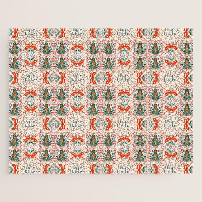 Folk inspired Festive Holiday Bows  and Christmas Tree  Jigsaw Puzzle Gallery Image 1