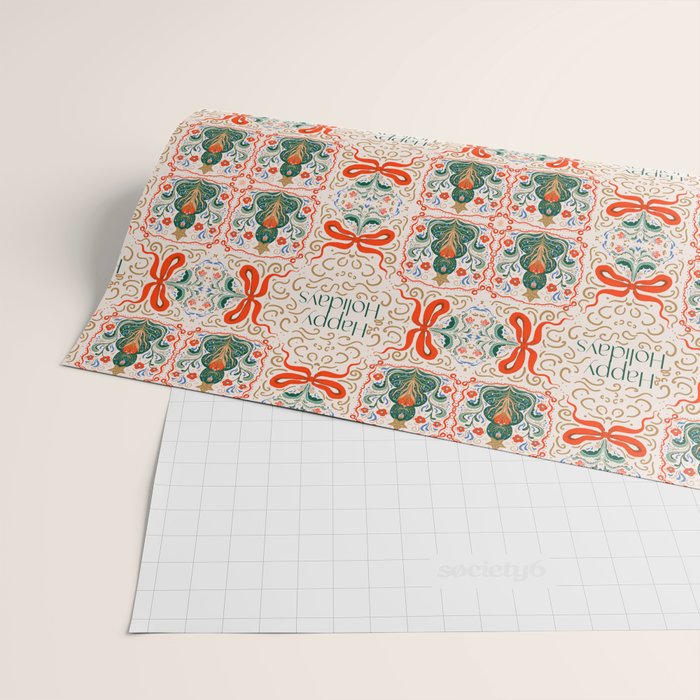 Folk inspired Festive Holiday Bows  and Christmas Tree  Wrapping Paper Gallery Image 2