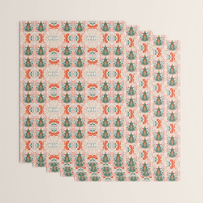 Folk inspired Festive Holiday Bows  and Christmas Tree  Wrapping Paper Gallery Image 3