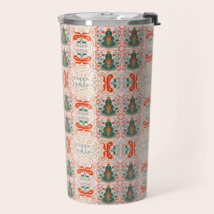 Folk inspired Festive Holiday Bows  and Christmas Tree  Travel Mug Gallery Image 2
