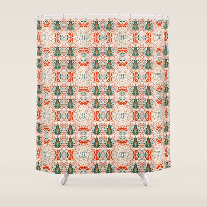 Folk inspired Festive Holiday Bows  and Christmas Tree  Shower Curtain Gallery Image 1