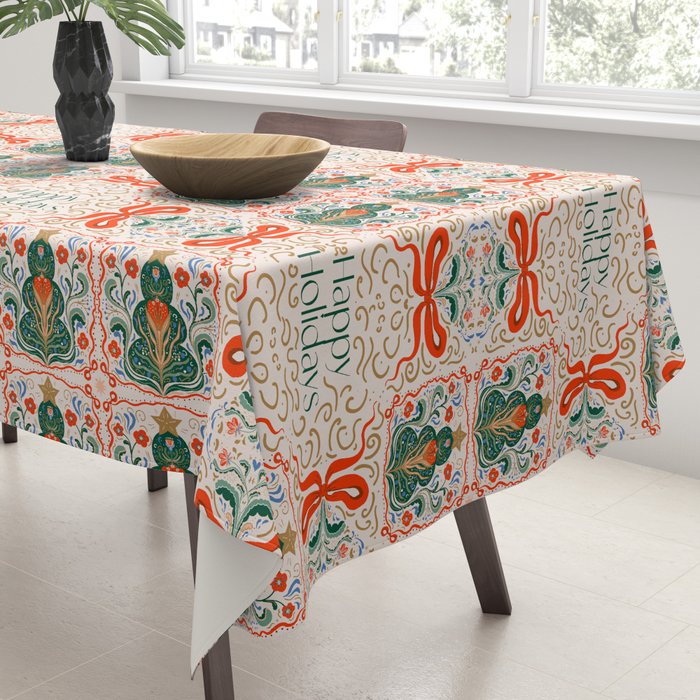 Folk inspired Festive Holiday Bows  and Christmas Tree  Tablecloth Gallery Image 3