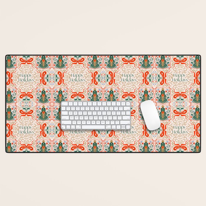 Folk inspired Festive Holiday Bows  and Christmas Tree  Desk Mat Gallery Image 1