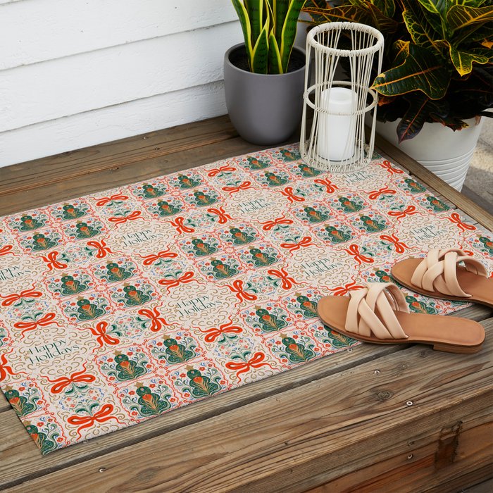 Folk inspired Festive Holiday Bows  and Christmas Tree  Outdoor Rug Gallery Image 2