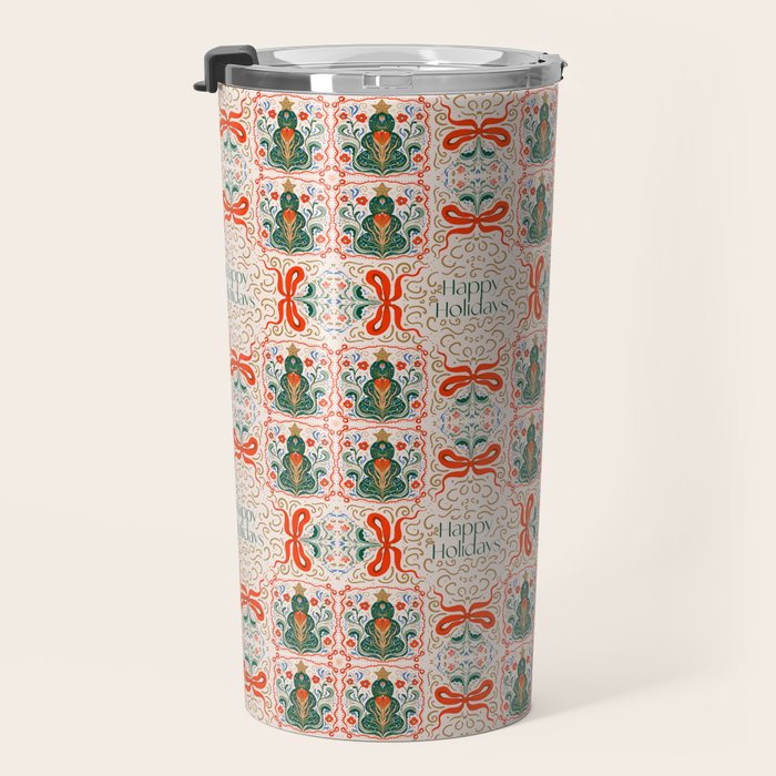 Folk inspired Festive Holiday Bows  and Christmas Tree  Travel Mug Gallery Image 3