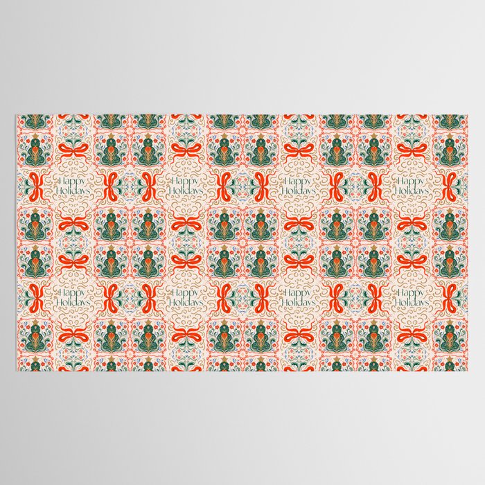 Folk inspired Festive Holiday Bows  and Christmas Tree  Tablecloth Gallery Image 2