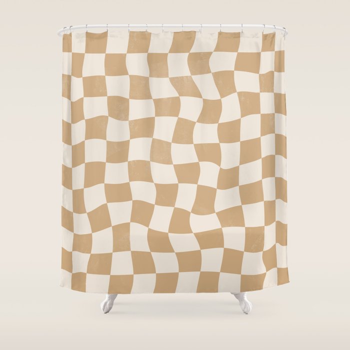 Warped Checkerboard - Tan Brown Shower Curtain Gallery Image 1