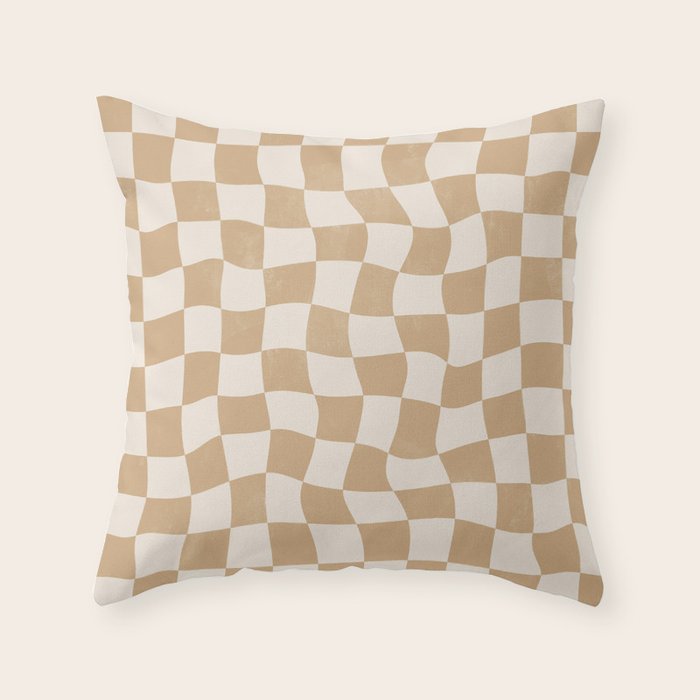 Warped Checkerboard - Tan Brown Throw Pillow Gallery Image 1
