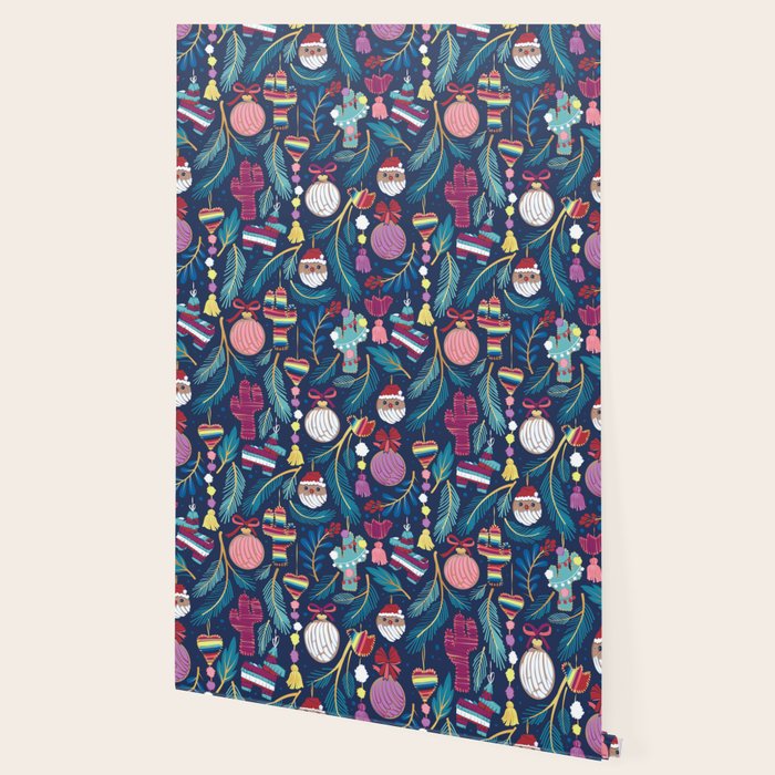 Mexican Christmas Tree // blue background blue pine leaves multicoloured holiday decorations pan dulce balls cacti hearts birds pom-pom garland pinatas santa claus conchas donuts Wallpaper Gallery Image 2