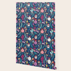 Mexican Christmas Tree // blue background blue pine leaves multicoloured holiday decorations pan dulce balls cacti hearts birds pom-pom garland pinatas santa claus conchas donuts Wallpaper Gallery Image 2