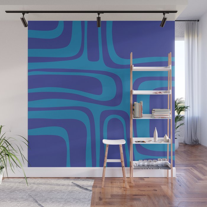 Blue Toned Abstract Mid Century Modern Palm Springs Pattern Wall Mural Gallery Image 1