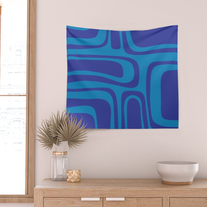 Blue Toned Abstract Mid Century Modern Palm Springs Pattern Wall Tapestry Gallery Image 2