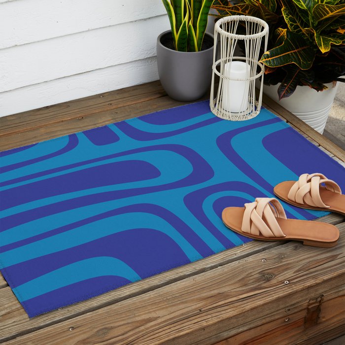 Blue Toned Abstract Mid Century Modern Palm Springs Pattern Outdoor Rug Gallery Image 2