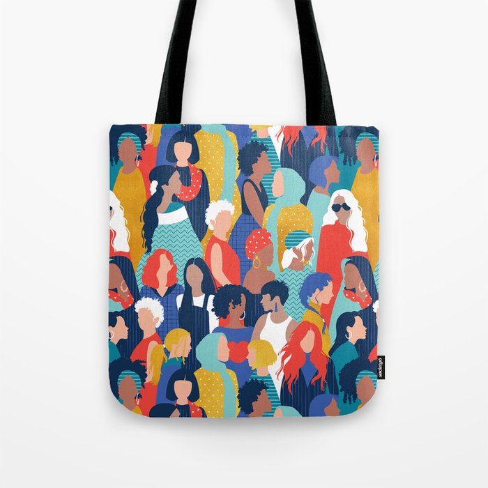 Every day we glow International Women's Day // midnight navy blue background teal, mint, electric blue neon orange red and gold humans  Tote Bag Gallery Image 1