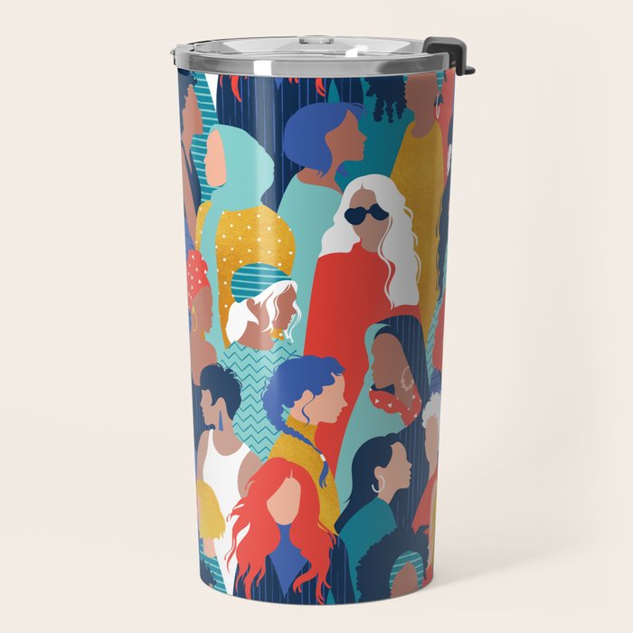 Every day we glow International Women's Day // midnight navy blue background teal, mint, electric blue neon orange red and gold humans  Travel Mug Gallery Image 2