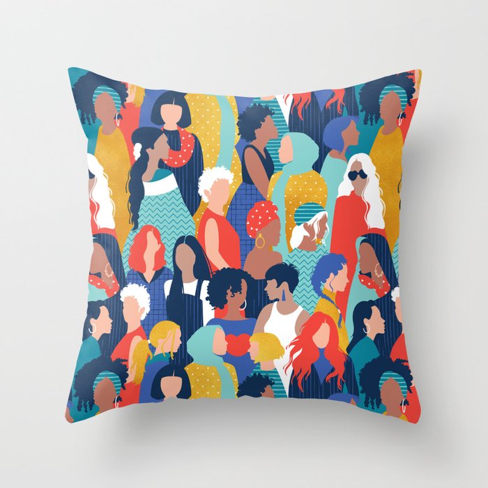 Every day we glow International Women's Day // midnight navy blue background teal, mint, electric blue neon orange red and gold humans  Throw Pillow