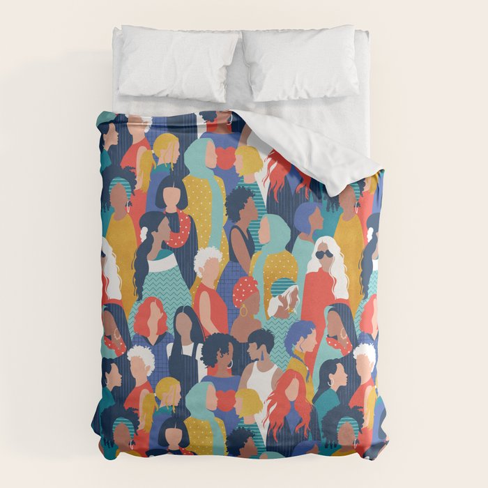 Every day we glow International Women's Day // midnight navy blue background teal, mint, electric blue neon orange red and gold humans  Duvet Cover Gallery Image 1