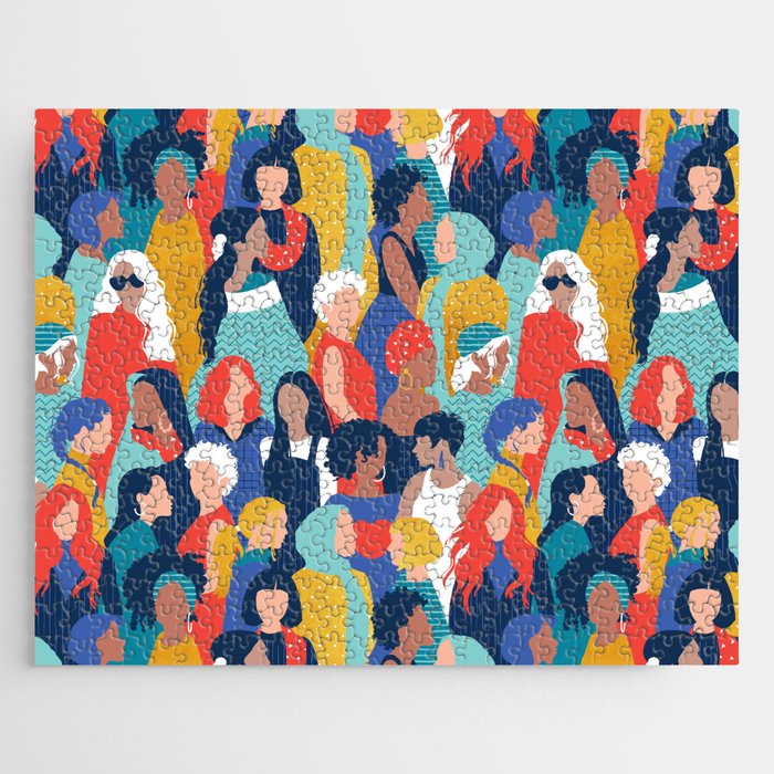 Every day we glow International Women's Day // midnight navy blue background teal, mint, electric blue neon orange red and gold humans  Jigsaw Puzzle Gallery Image 1