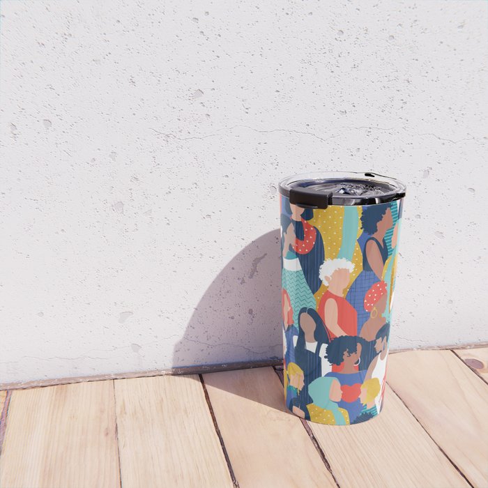 Every day we glow International Women's Day // midnight navy blue background teal, mint, electric blue neon orange red and gold humans  Travel Mug Gallery Image 4