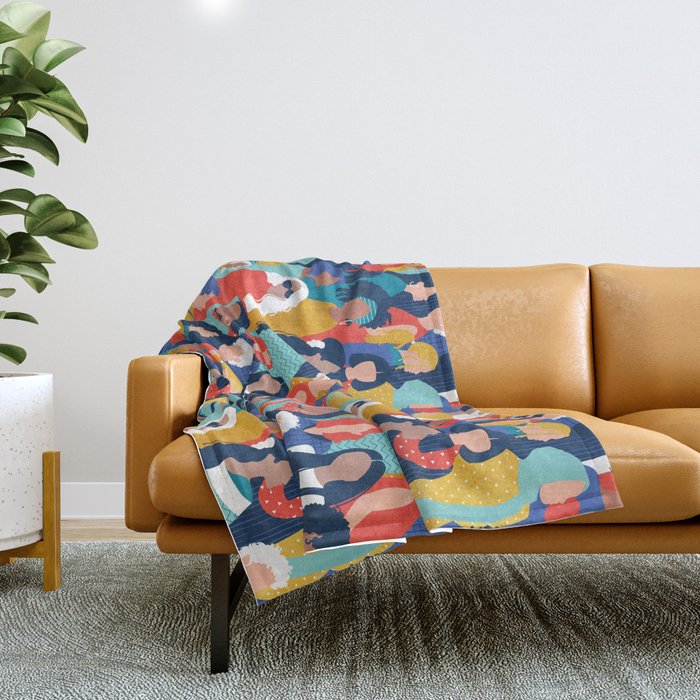 Every day we glow International Women's Day // midnight navy blue background teal, mint, electric blue neon orange red and gold humans  Throw Blanket Gallery Image 1