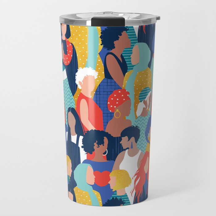 Every day we glow International Women's Day // midnight navy blue background teal, mint, electric blue neon orange red and gold humans  Travel Mug Gallery Image 1