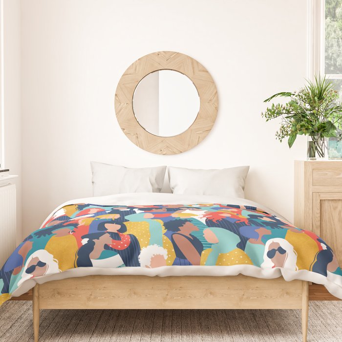 Every day we glow International Women's Day // midnight navy blue background teal, mint, electric blue neon orange red and gold humans  Duvet Cover Gallery Image 3
