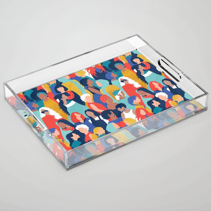 Every day we glow International Women's Day // midnight navy blue background teal, mint, electric blue neon orange red and gold humans  Acrylic Tray Gallery Image 1