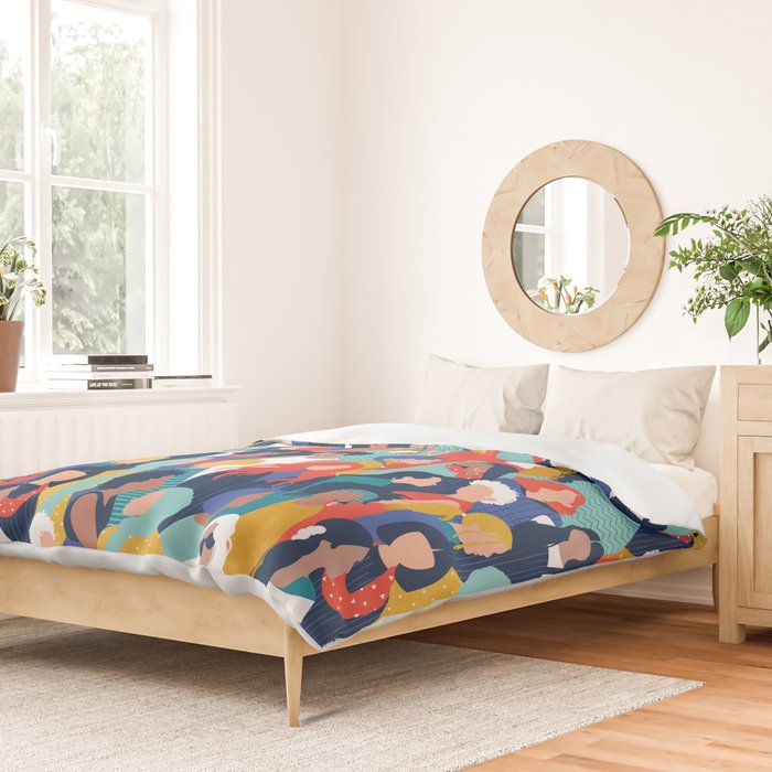 Every day we glow International Women's Day // midnight navy blue background teal, mint, electric blue neon orange red and gold humans  Duvet Cover Gallery Image 2