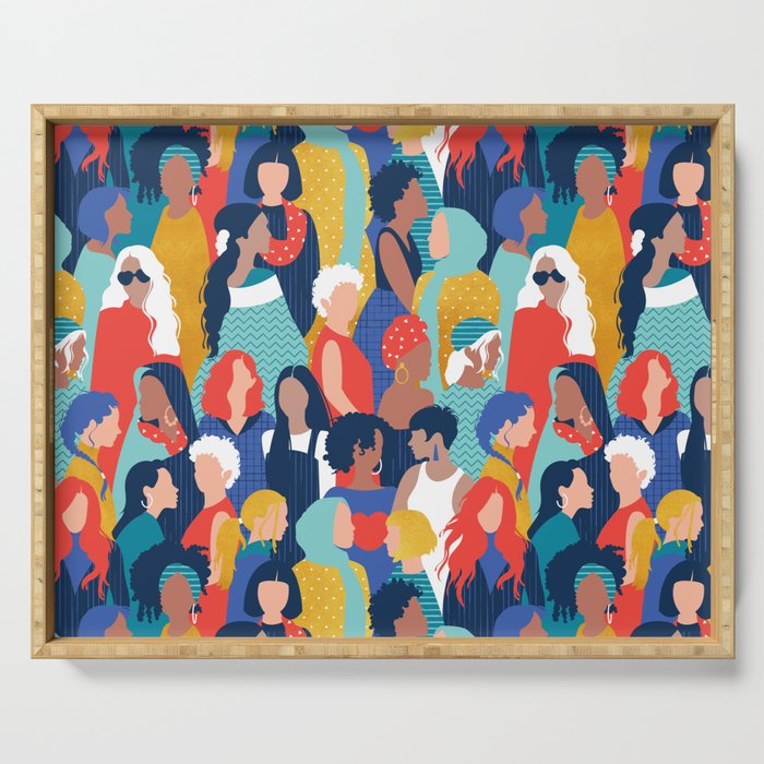 Every day we glow International Women's Day // midnight navy blue background teal, mint, electric blue neon orange red and gold humans  Serving Tray Gallery Image 1