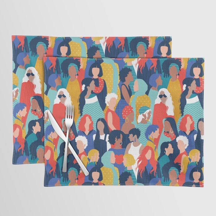 Every day we glow International Women's Day // midnight navy blue background teal, mint, electric blue neon orange red and gold humans  Placemat Gallery Image 1