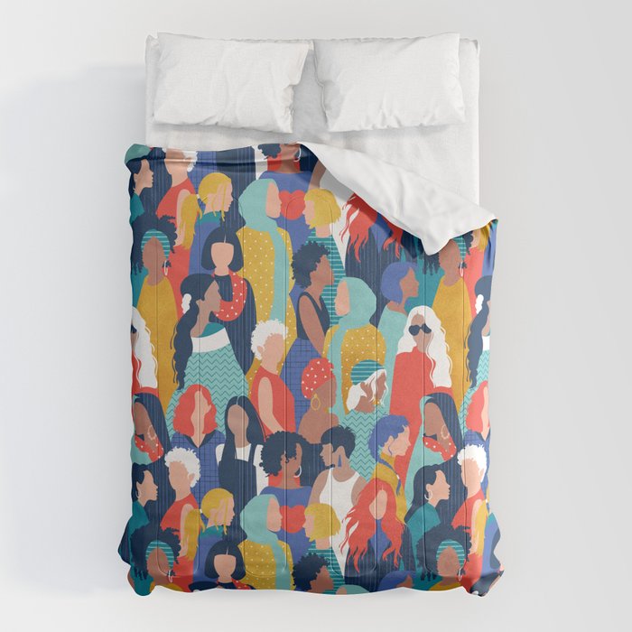 Every day we glow International Women's Day // midnight navy blue background teal, mint, electric blue neon orange red and gold humans  Comforter Gallery Image 1