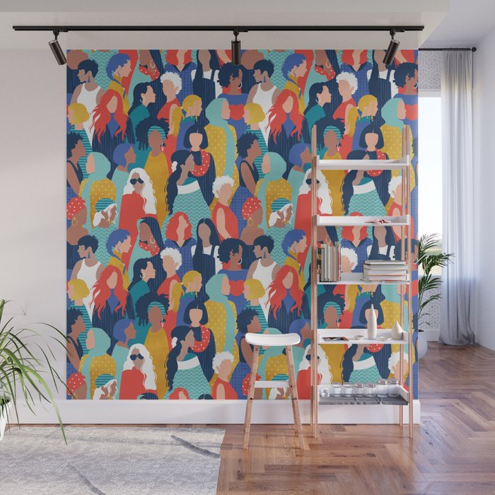 Every day we glow International Women's Day // midnight navy blue background teal, mint, electric blue neon orange red and gold humans  Wall Mural Gallery Image 1