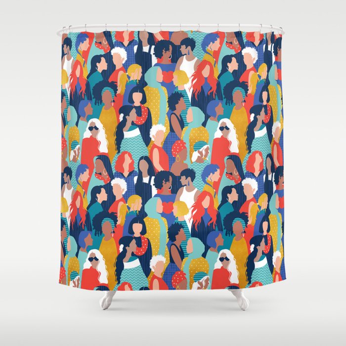 Every day we glow International Women's Day // midnight navy blue background teal, mint, electric blue neon orange red and gold humans  Shower Curtain Gallery Image 1