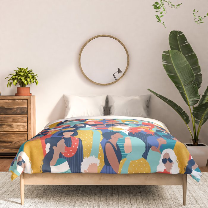 Every day we glow International Women's Day // midnight navy blue background teal, mint, electric blue neon orange red and gold humans  Comforter Gallery Image 3